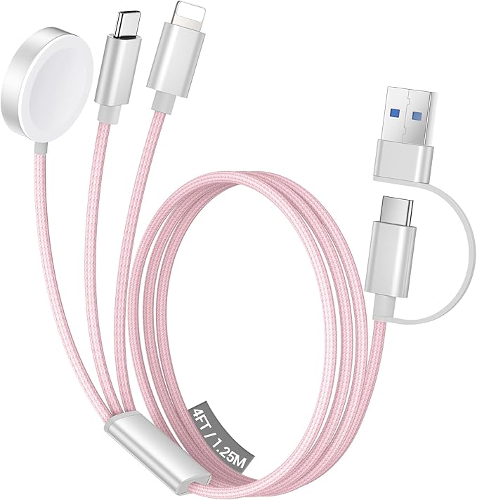 Temdan for Travel Vacation Essentials,3 in 2 USB C Cable for Apple Watch Charger/iPhone 16 Charger/Lightning,Multi Charging Cable Cord,Camping Essentials,Designed for iWatch & iPhone 16-12-4FT Pink