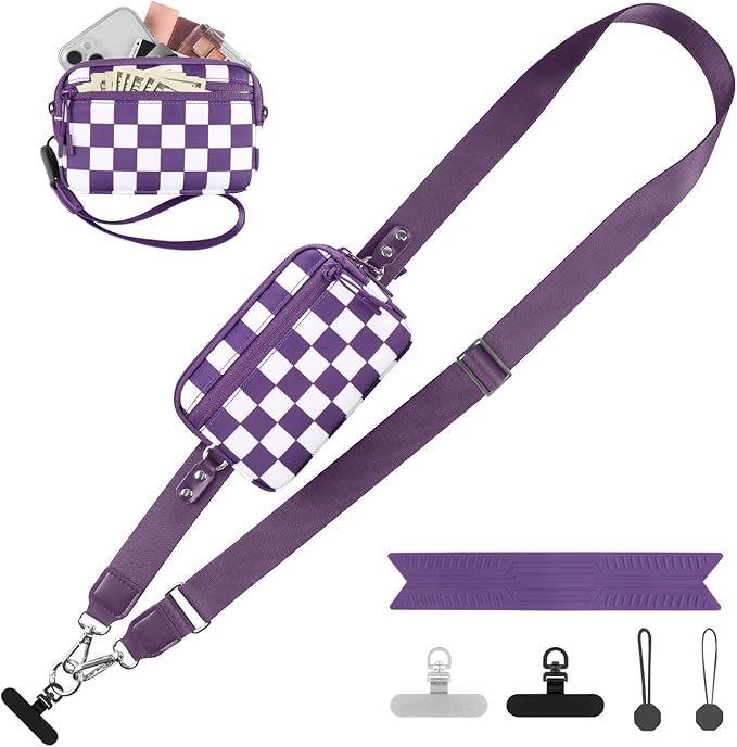 Clip and Go Strap for Phone with Wallet Crossbody, Adjustable Phone Lanyard with Detachable RFID Wristlet Wallet, Phone Strap with Phone Tabs for All Phones, Purple Checkered (M)