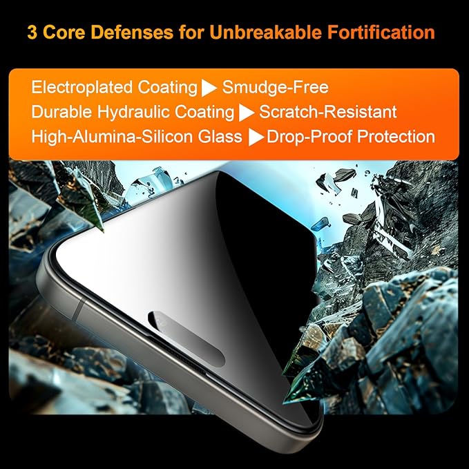 OneFish 2 Pack Privacy Screen Protector for iPhone 15 Pro Max - 4-Way 360° Anti-Spy Tempered Glass, 9H Hardness, 3D Curved Edges, Case-Friendly & Easy Installation