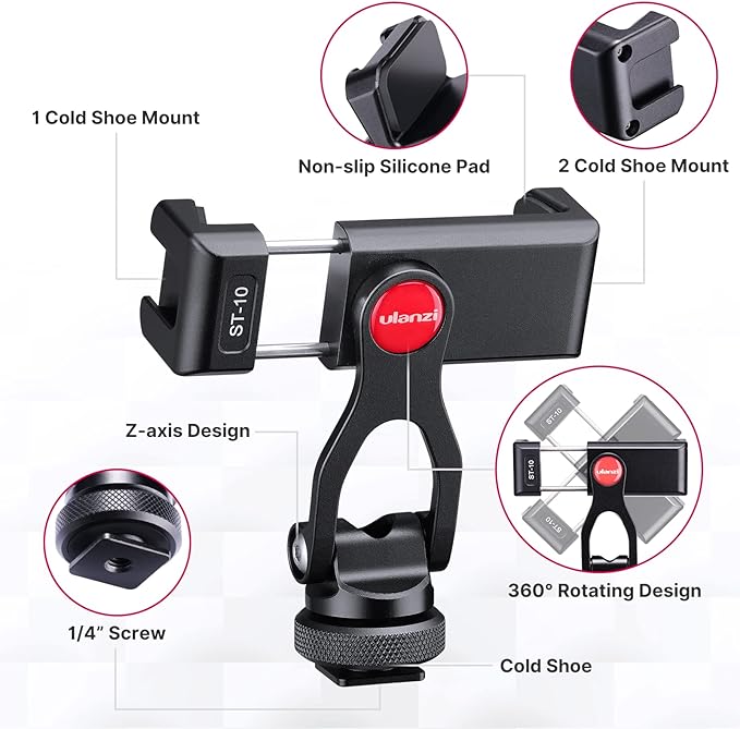 ULANZI Metal Phone Tripod Mount ST-10, Universal 360° Smartphone Adapter with 2 Cold Shoe Mount, Adjustable Cell Phone Clamp Stand Holder, Compatible with iPhone, Samsung Galaxy and All Phones