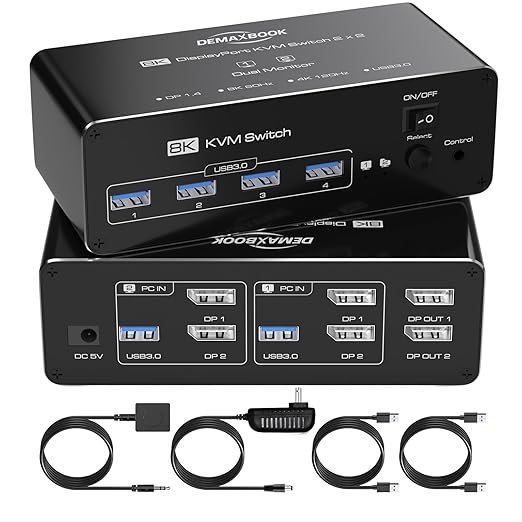 DEMEXBOOK Dual Monitor DisplayPort KVM Switch 2 Monitors 2 Computers 8K@60Hz 4K@144Hz,KVM Switch 2 Computers Share 2 Monitors, 4 USB 3.0 Ports, Supports Extended/Copy Mode with Remote & USB Cables
