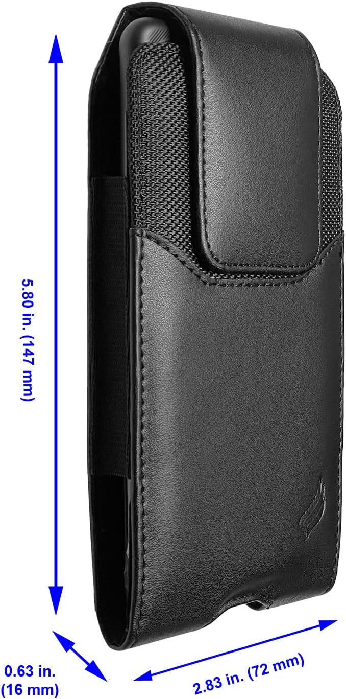 Leather Cellphone Holster for iPhone SE (2020/2022), 11 Pro, 12 13 14 15 16 17, Samsung Galaxy S22 S23 S24 S25 - Vertical Case Waist Carrying Pouch with Belt Clip/Loops, Black
