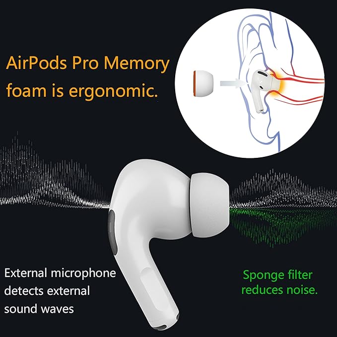 Airpod Pro Ear Tip Memory Foam & Silicone Hybrid Ear Tips, Perfect Noise Reduction, Stays in Your Ears, Ultra-Comfort, Anti-Slip Eartips, Fit in The Charging Case (Orange, Assorted S/M/L)