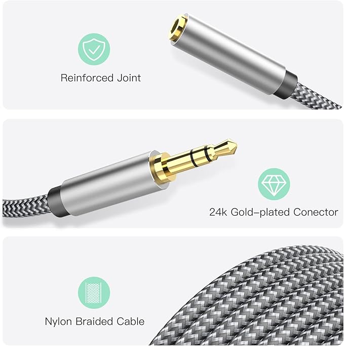3.5mm Headphone Extension Cable 6ft, Nylon Braided Aux Cord Extender for Smartphones, Tablets, Media Players (No Mic Support)