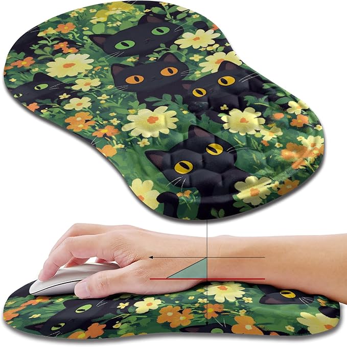 Hokafenle Ergonomic Mouse Pad Wrist Support, Wrist Rest Mousepad for Carpal Tunnel Pain Relief with Integrated Memory Foam Slope Massage Bulge (11.8x7.9 inch,Cute Cat