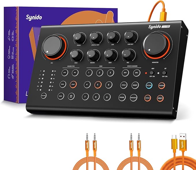 Synido Podcast Equipment Sound Card, Audio Interface Mixer with Pro-preamp, 48V Phantom, 9 Customize Sound Pads, XLR, 1/4", 1/8" Inputs for Live Streaming/Music Recording/Gaming/PC/Guitar, Black