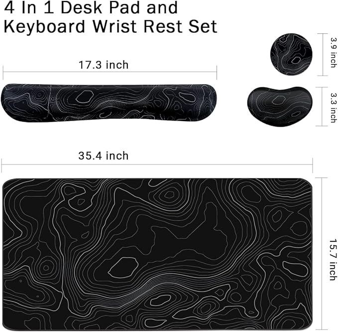 Topographic Large Mouse Pad and Keyboard Wrist Rest, Desk Pad for Keyboard and Mouse, 4-in-1 Large Gaming Mouse Pad with Wrist Support, Non-Slip Desk Mat for Home Office Study Game-Topographic Contour