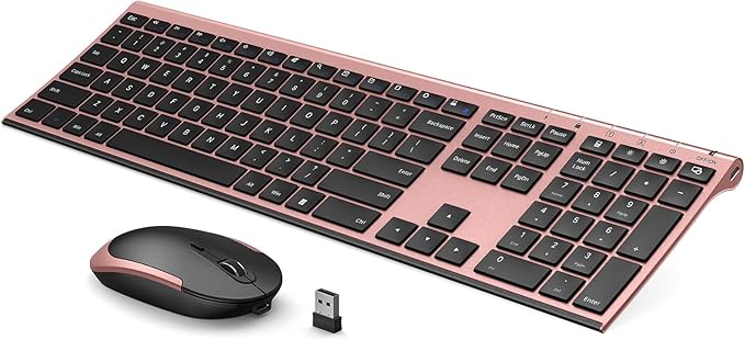Wireless Keyboard and Mouse, Vssoplor 2.4GHz Rechargeable Compact Quiet Full-Size Keyboard and Mouse Combo with Nano USB Receiver for Windows, Laptop, PC, Notebook-Black and Rose Gold