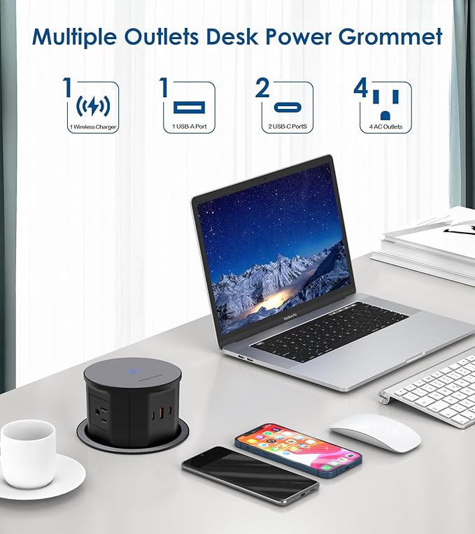 Pop up Outlet for Countertop with 15W Wireless Charger,65W USB C Charging Station,4 Outlets,2 USB C,USB A,Tamper Resistant Receptacle,4.7'' Hole Power Grommet,Office Power Supply,Black
