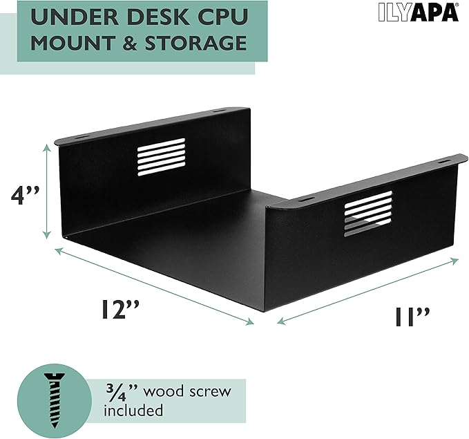 Ilyapa Under Desk CPU Mount, Steel Under Desk Computer Mount Vented Sides, PC Wall Storage, Laptop Stand, Shelf for Office Storage, 4x12x11 Inches