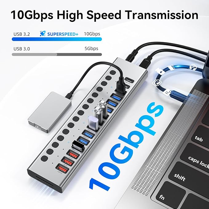 Powered USB Hub 10Gbps, 17 Ports 96W USB 3.2 Hub(10 USB-A 3.2 Ports+3 QC 24W Fast Charging Ports+2 USB-C 3.2 Ports+SD/TF Card Reader), 12V/8A Power Adapter for Laptop, PC, Computer, HDD,Flash Drive