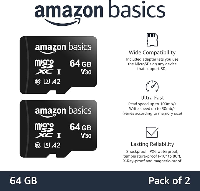 Amazon Basics MicroSDXC UHS-I Class 10 Memory Card with Full Size Adapter, A2, U3, V30, 4K, Read Speed up to 100 MB/s, 64 GB (2pack), for GoPro Cameras Storage, Black