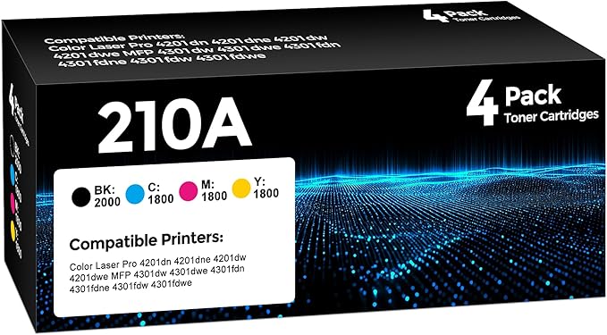210A Toner Cartridge 4Pack Compatible with HP 210A 210X Toner Cartridge with 210A Toner Color Laser Jet Pro MFP 4301fdw 4201dw 4201dn 4301fdn 4301fdw 4301dw Printer (Black/Cyan/Magenta/Yellow)