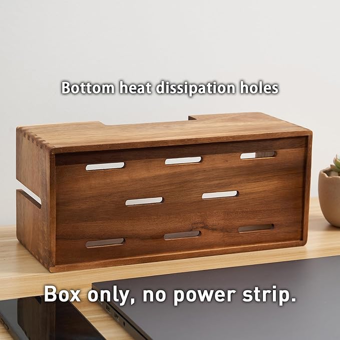 Acacia Wood Cable Management Box, Wooden Cord Hider & Organizer for Power Strip, Electrical Hiding, TV Wires, Desk & Floor Cables - Office Under Desk Cable Storage Box for Wire Storage Organization
