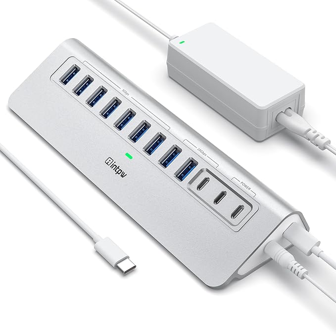 Powered USB Hub 10Gbps, intpw 12 Port USB C Hub with 10Gbps USB C 3.2, 2 USB A 3.2, 7 USB 3.0, 2 PD 45W Charging Ports, 65W Power Adapter and 3.3FT Cable, Aluminum USB Hub for Laptop, iPhone16/15, PC