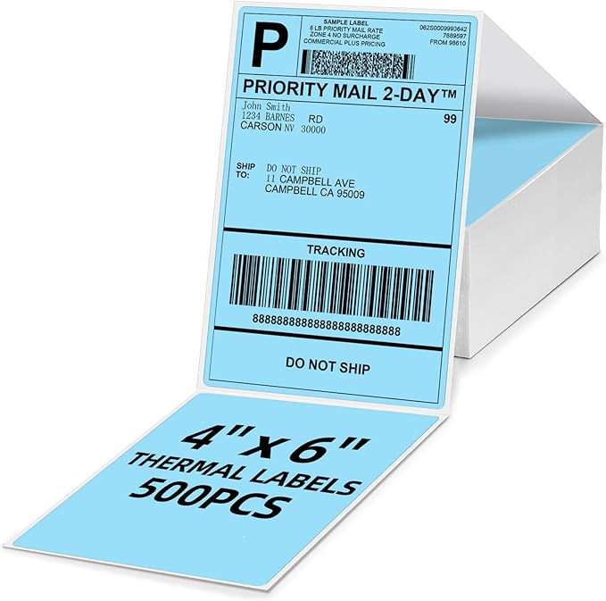 4x6 Thermal Labels, 1 Packs of 500 4x6 Fold Labels Blue - Compatible with JADENS, ASprink, Phomemo, Rollo, Zebra, Omezizy and Other Thermal Printers