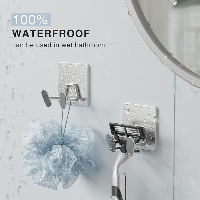 Adhesive Shower Hooks for Inside - Extra Sticky Stainless, Razor Holder Shower Accessories, Wall Mounted Self-Adhesive Double Hooks for Razor, Loofah, Towel, Shaver, Coat, Key, Silver, 4-Pack