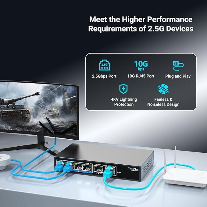 6 Ports 10Gb Unmanaged Ethernet Switch with 4*2.5G Base-T Ports, 2*10G RJ45 Ports. 60Gbps Switching Capacity, GiGaPlus 10Gbps Network Switch for 2.5G/10Gbps NAS/PC, WiFi6 Router, Wireless AP