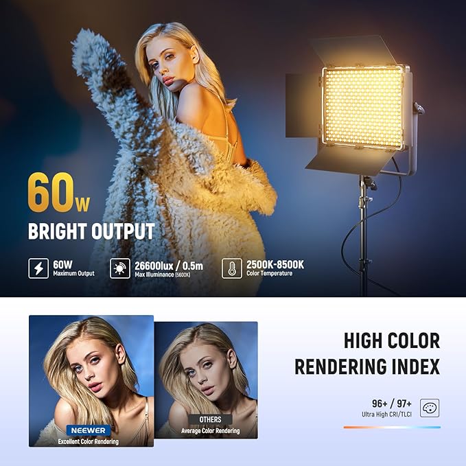 NEEWER Bi Color LED Panel Video Light APP/2.4G/DMX Control, 60W 26600Lux/0.5m 2500K-8500K 13 Scenes V Battery Powered, Lighting for Studio Photography Outdoor Photo Recording Makeup Streaming, PL60B