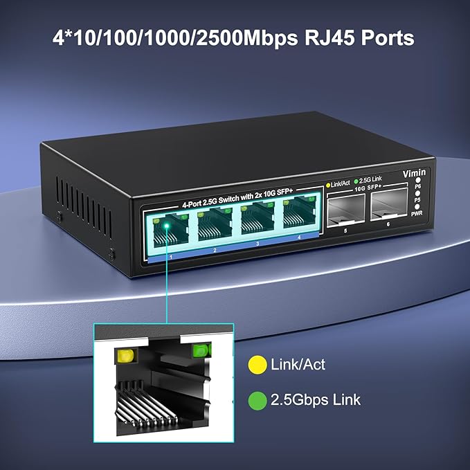 6 Port 2.5G Unmanaged Network Switch, VIMIN 4X 2.5Gbase-T Ports, 2X 10G SFP+ Port, 60Gbps Switching Capacity, IEEE802.3, Metal Housing, Fanless, Work for 2.5Gbps NAS, Wireless AP & PC