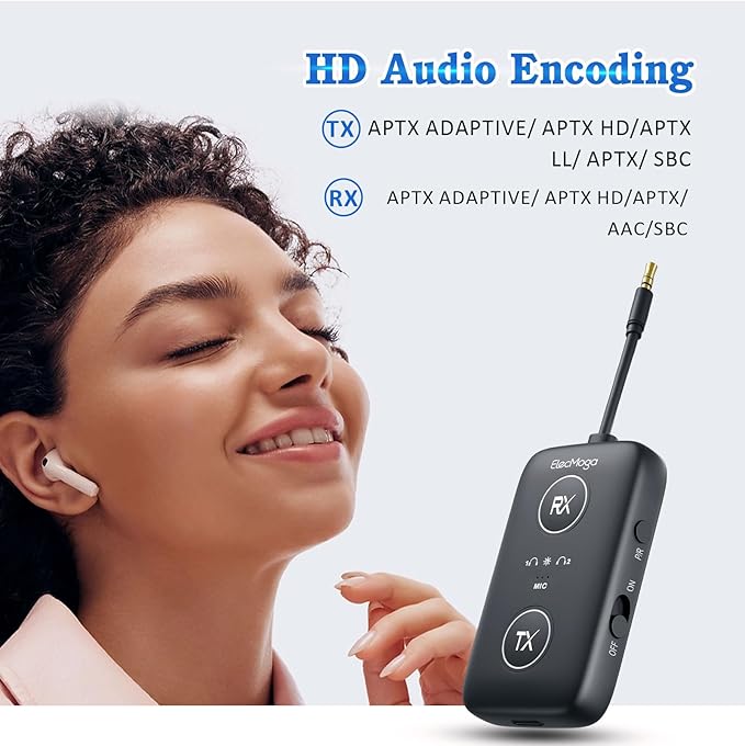 2025 Upgraded Airplane Bluetooth 5.4 Adapter with aptX Adaptive, ElecMoga Airplane Travel Essentials Supports 2 AirPods or Headphones, 2-in-1 AUX Wireless Transmitter Receiver for Gym, TV, Car, Audio