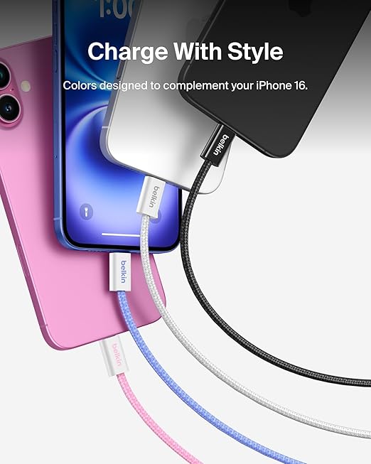 Belkin USB C to USB C Cable, 6.6ft, 60W - Type C Charger, iPhone Charger Cord, Soft, Braided, Flexible for iPhone 16, Galaxy S25, Pixel 9, Airpods, iPad Pro, Tablet & More, Travel Essentials - Blue
