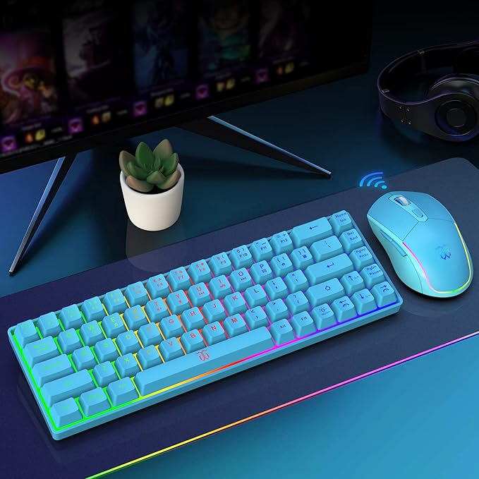 Snpurdiri 60% Wireless Gaming Keyboard and Mouse Combo,LED Backlit Rechargeable 2000mAh Battery,Small Membrane But Mechanical Feel Keyboard + Popular RGB Mice for Gaming,Business Office(Blue)