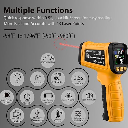 Infrared Thermometer Temperature Gun -58°F to 1796°F, 50:1 Dual-Mode Temp Guns with K-Type Thermocouple for Internal Readings, HVAC Contactless Lazer IR Thermometers for Home & Industry