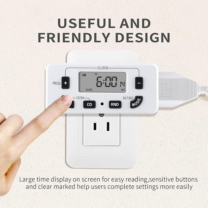 7 Day Programmable Digital Timer Outlet, Indoor Timer with Single Plug-in, Digital Light Timers for Lamp, Fan, Aquarium, 15A 1/2HP, 1 Pack