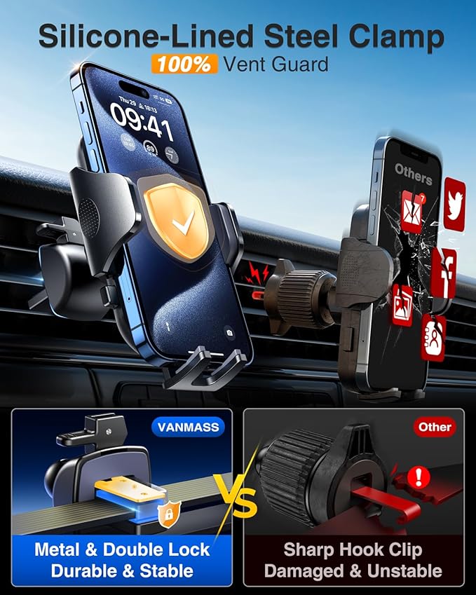 VANMASS Car Phone Holder 2025 Military-Grade Phone Holder for Your Car Windshield Dashboard【 65 Lbs Strongest Suction】【Patent & Safety Certs】 Universal Cell Phone Car Mount for iPhone Samsung Android
