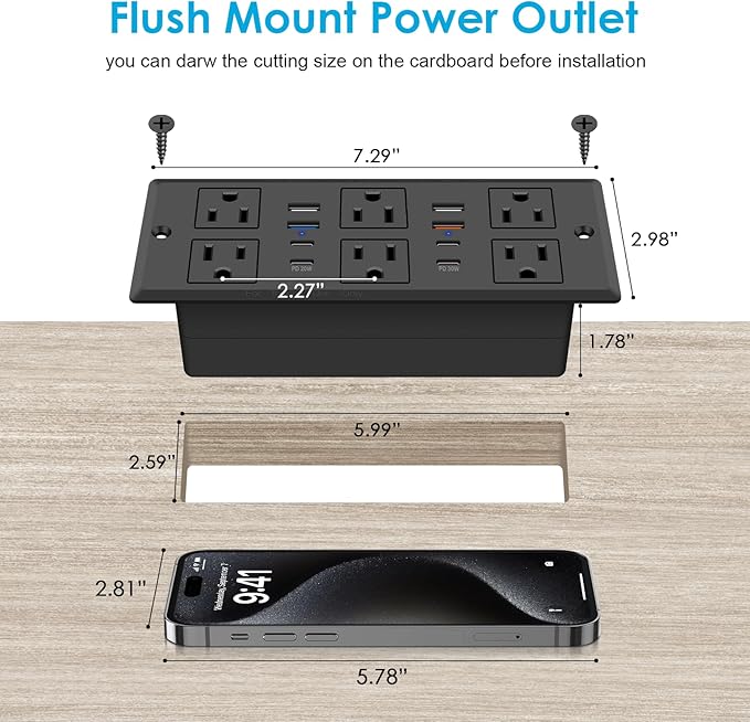 30W Recessed Power Strip USB C, Desk Flush Mount Outlet Plug in 6 AC & 8 USB Ports for Furniture Conference Power Hub, 6FT