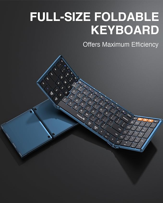 ProtoArc Foldable Bluetooth Keyboard, XK01 Folding Wireless Portable Keyboard with Number Pad, Full-Size Travel Keyboards for Windows iOS Android Tablet Smartphone Laptop PC - Dark Blue
