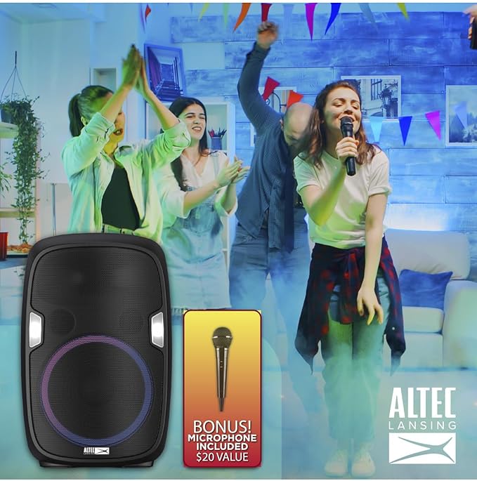 Altec Lansing SoundRover 75 Wireless Speaker 75W Bluetooth Speaker with a Long Lasting 10 Hour Battery, 50 Foot Range, Multi LED Party Modes, True Wireless Pairing, Bonus Microphone