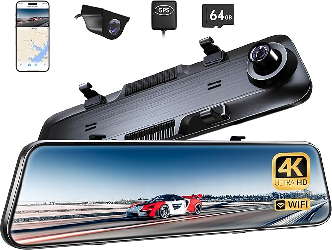 Pelsee P12 Plus 4K Rear View Mirror Camera with ADAS and BSD, 5.8GHz WiFi Mirror Dash Cam Front and Rear, Backup Camera for Car, GPS, 64GB Card Included, WDR Night Vision, Voice Control, 12" Display