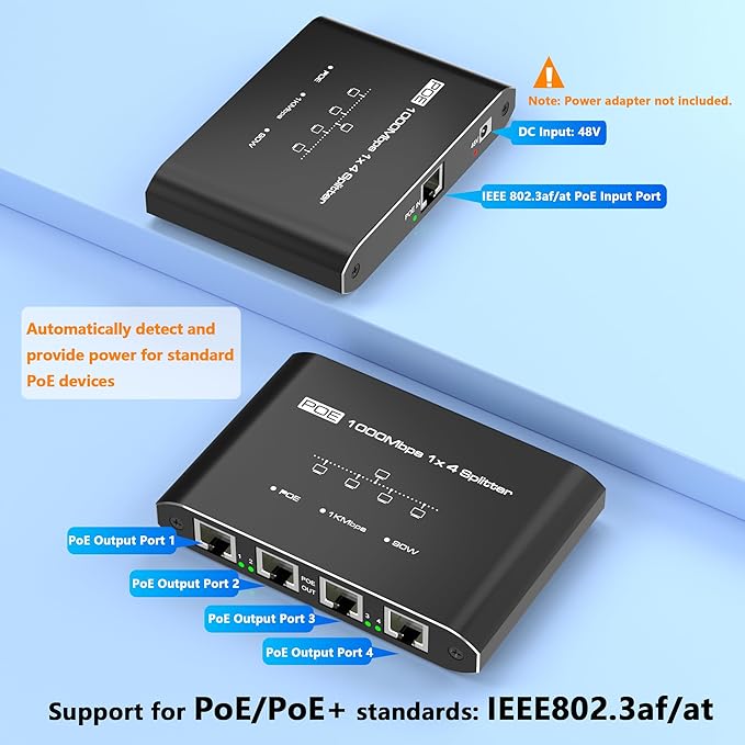 PoE Switch 1 in 4 Out, 4 Port Gigabit PoE Splitter, IEEE 802.3at/af Compliant, 30W per Port Power Over Network Hub for IP Cameras/AP/VoIP Phones (328 Ft), PoE+ Splitter for Cat5e/6/7/8 Cable