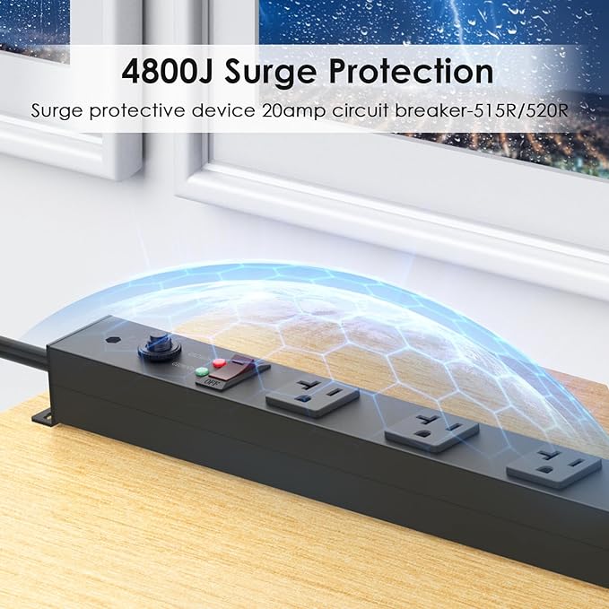 JUNNUJ Long Metal 16 Outlet Power Strip, Heavy Duty Power Strips Surge Protection 4800J with Circuit Breaker, 20a Wide Spaced Socket Wall Mount 5-15P Adapter High Amp 6-20R T-Slot 4FT Extension Cord