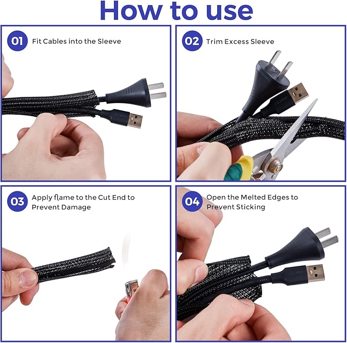 Cable Management Sleeves 1.2in - 2 Pack 4.1ft Split Braided Cable Sleeve Black, Hard PE Cord Protectors from Pets, Wire Organizers for Cords, Flexible Cord Wrap Wire Sleeve for Computer Cord Organizer