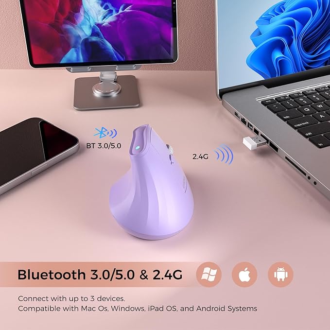57° Ergonomic Wireless Tower Mouse, Vertical Quiet Ergo Mouse, Bluetooth(BT5.0,BT3.0)&2.4G, (800/1200/2400/2400/4000), 7 Buttons for Windows, macOS, iPadOS, Laptop, PC,Purple