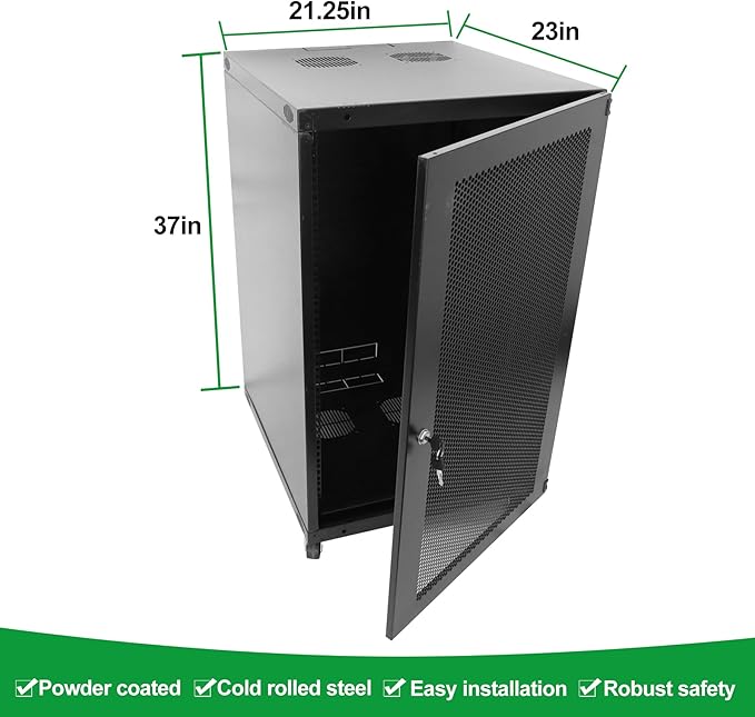18U Server Cabinet Wall Mount Rack Enclosure with Caster Wheels 2 Server Fans Locking Grid Gate Removable Side Panels 19" Network Cabinet 15-18.5" Installation Depth Heavy-Duty Frame (37INCH, 18U)