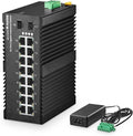 MokerLink 16 Port Gigabit Industrial DIN-Rail Ethernet Switch, 2 Gigabit SFP Ports, Unmanaged IP40 Network Switch (-40 to 185°F), with Power Supply