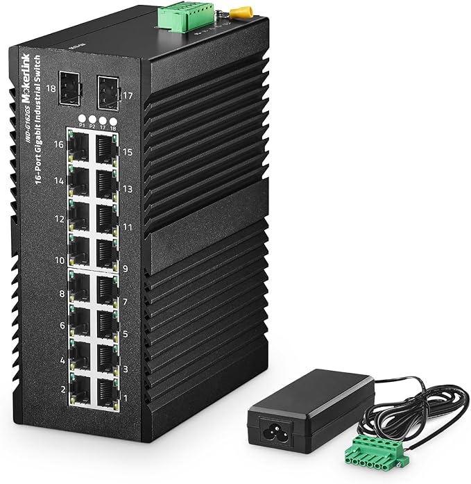 MokerLink 16 Port Gigabit Industrial DIN-Rail Ethernet Switch, 2 Gigabit SFP Ports, Unmanaged IP40 Network Switch (-40 to 185°F), with Power Supply