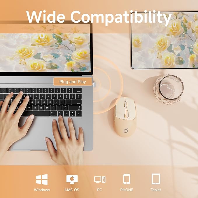 EWEADN Q5 Wireless Mouse, Bluetooth & 2.4G Quiet Computer Mouses with 1600 DPI, Battery Level Display, Ergonomic Office Mouse,6 Button Portable Cute Cordless Mice for Laptop/PC/Mac- Pink