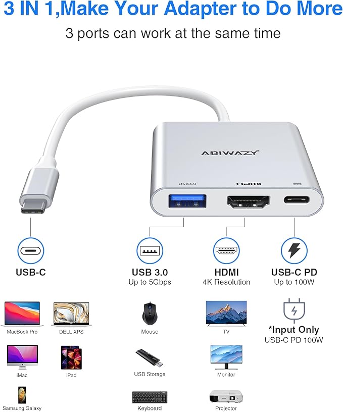 USB C to HDMI Adapter, 4K HDMI to USB-C Multiport Hub Adapter with 100W PD & USBA 3.0 Port, Type C Digital AV Converter for iPad Pro,MacBook Pro/Air,iPhone 15/16,Switch,TV, Monitor and More(Silver)