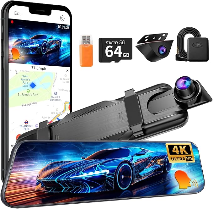 Mirror Dual Dash Camera,4K and 1080P Dash Cam with Voice Control Rear View Mirror Camera and WiFi,GPS Dashcam for Cars with WDR Night Vision, G-Sensor, 24 Parking Monitor ABS (Include 64FGB Card)