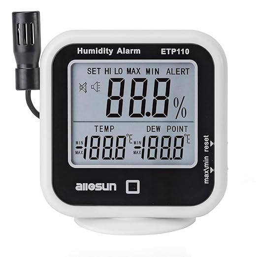ALLOSUN Digital Thermometer Hygrometer Indoor Humidity Greenhouse Temperature Monitor Alarm Long Probe Gauge Dew-Point Meter with LCD Display