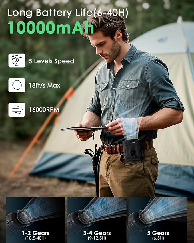 Portable Waist Fan Clip on, Personal Wearable Belt Fan 10000mAh Rechargeable Battery Under Shirt,5 Speeds with light, Neck Fan Hands-Free Cooling For Outdoor Camping Travel (Black)