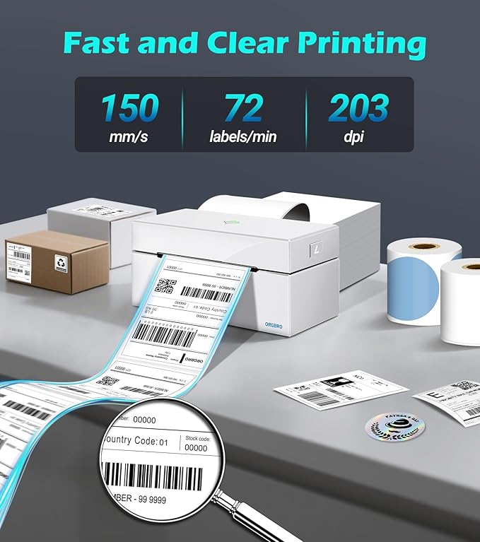 ORGBRO Bluetooth Thermal Shipping Label Printer, Z1-Plus Wireless 4X6 Shipping Label Printer for Small Business Office or Home Support iPhone Android Windows macOS Chrome Amazon Ebay Shopify USPS
