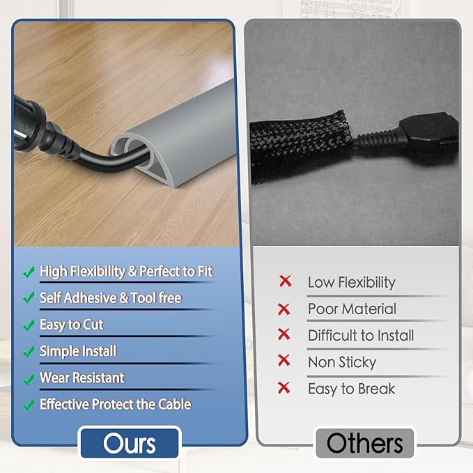 Floor Cord Cover for Wires on Floor Self Adhesive Cord Hider Floor Cable Management Wire Covers for Cords Protector Prevent Cable Trips Cord Cavity W 0.32" x H 0.32", Gray, 3.3Ft