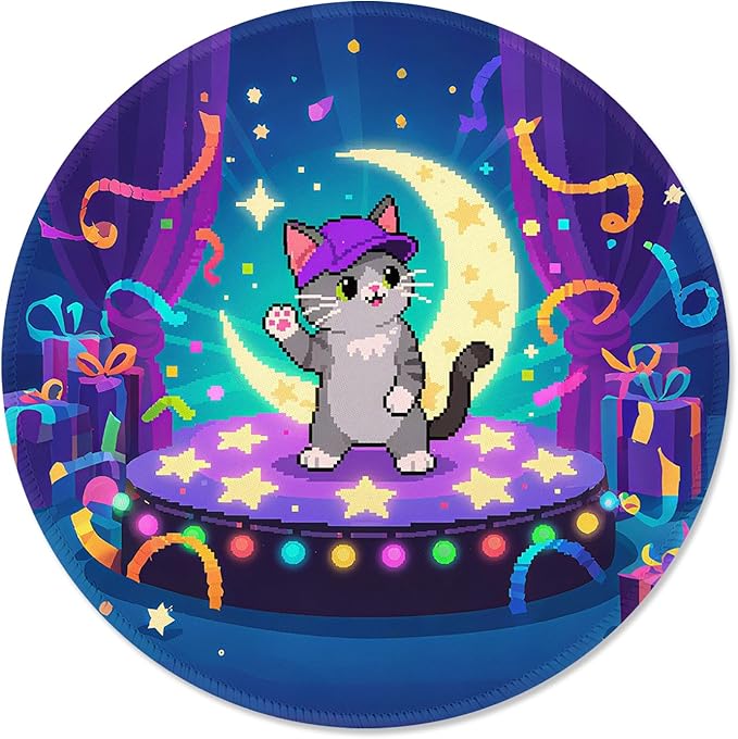 ITNRSIIET Mouse Pad Non-Slip Rubber Base Smooth Surface Stitched Edges Waterproof Durable Compatible with All Mice for Office & Gaming, Desk Accessory, Diameter 8.7 inch, PixelPartyCat