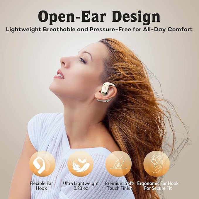 OHAYO Open Ear Headphones,Earbuds with Ergonomic Earhook,Bluetooth Headphones 5.4 with Smart Digital Display,40H Playtime,IPX6 Waterproof,Touch Control Earphones Fit Cycling,Running,Workout(Beige)